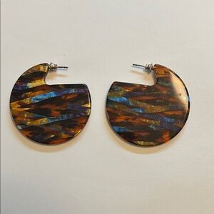 Round Tortoiseshell Resin Hoop Earrings with Iridescent Inlays